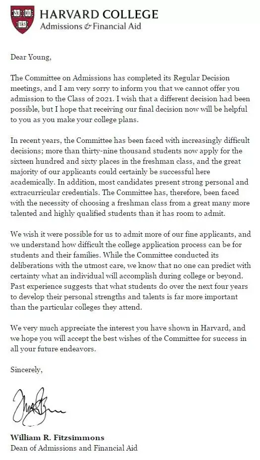 harvard university acceptance letter