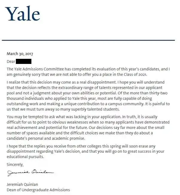 yale rejection letter